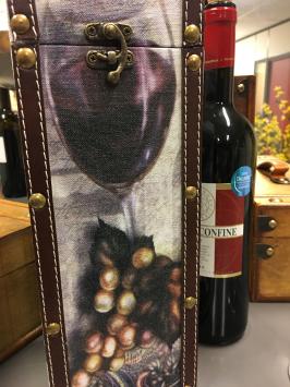 1 Holzkiste für eine Weinflasche, stehend, Holz mit Leinwandbild Wein + Traube